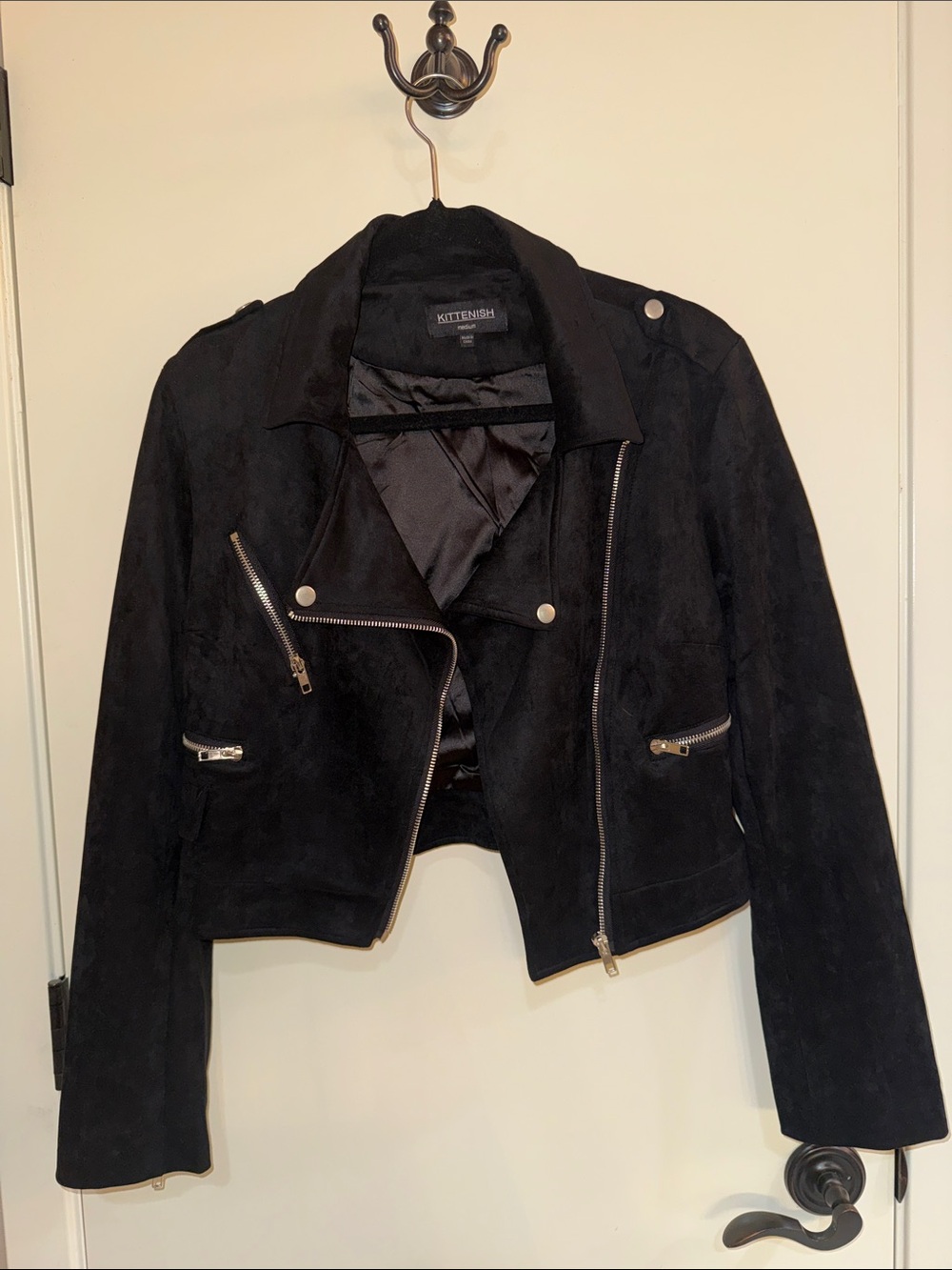Kittenish Black Cropped Suede Moto Jacket with Silver Hardware